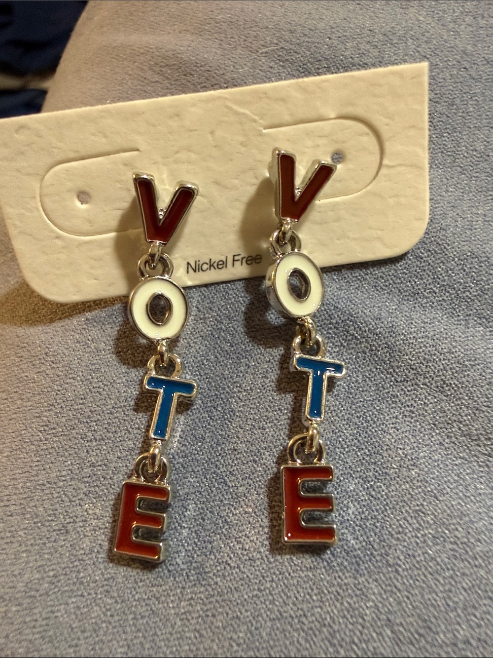 NWT Vote 2” Dangle Letter Earrings - Red, White & Blue nickel free